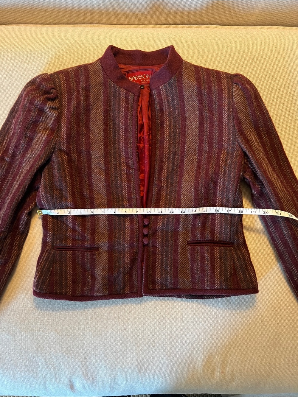 SASSON 100% Wool Mandarin Collar Cropped Stripe Jacket Burgundy Maroon | US M - Picture 2 of 11